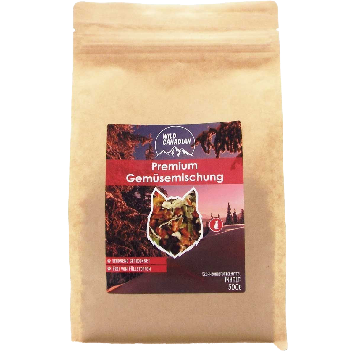 Ein brauner Standbeutel mit rotem Etikett und der Aufschrift „Premium Gemüsemischung“. In der Mitte ein Sichtfenster in Tierform mit bunter Trockenmischung aus Gemüseflocken.