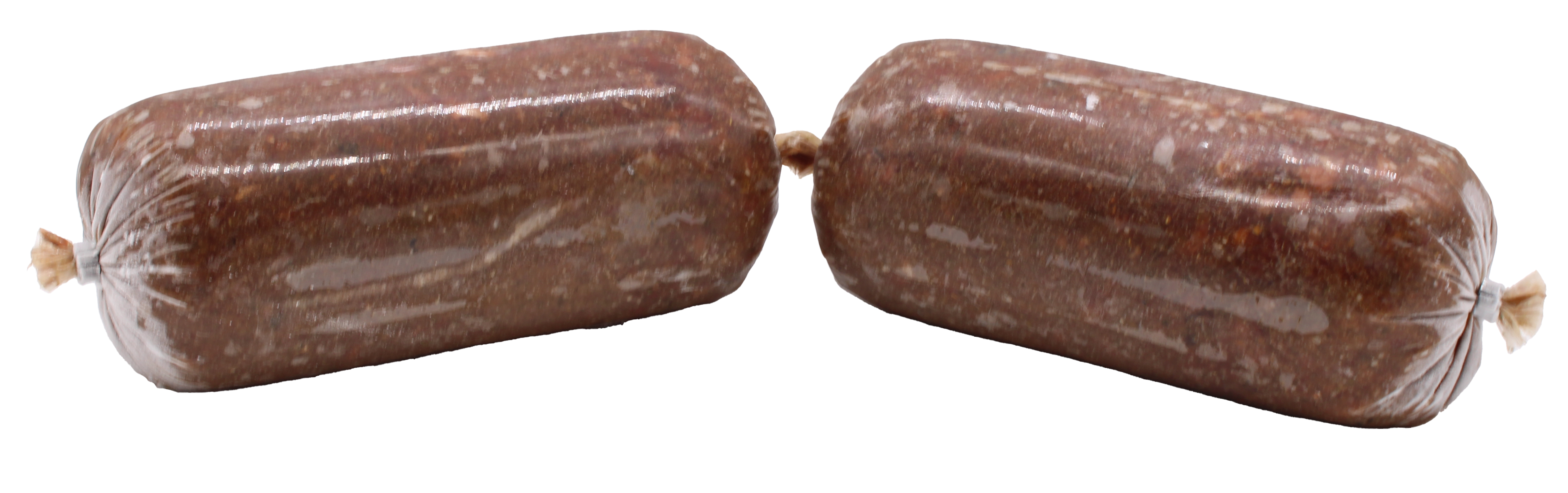 Zwei Frostfleischrollen mit dunkelbraunem, fein gewolftem Inhalt und helleren Fettspuren. Die Oberfläche wirkt glatt und leicht glänzend. Verpackt in einem nicht essbaren Kunstdarm.