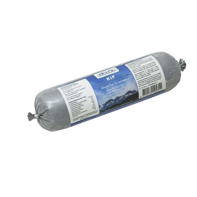 Eine Frostfleischrolle mit silberner Hülle und dem blauen Etikett „Kip“. Verpackt in einem nicht essbaren Kunstdarm. Die Füllung ist nicht sichtbar.