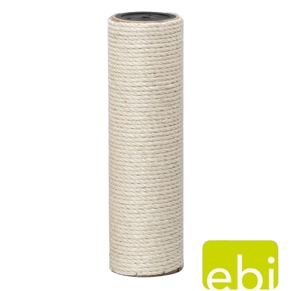 Hoher, zylindrischer Katzenkratzbaum, umwickelt mit hellem, seilartigem Material. Die Oberfläche wirkt grob strukturiert und naturfarben.