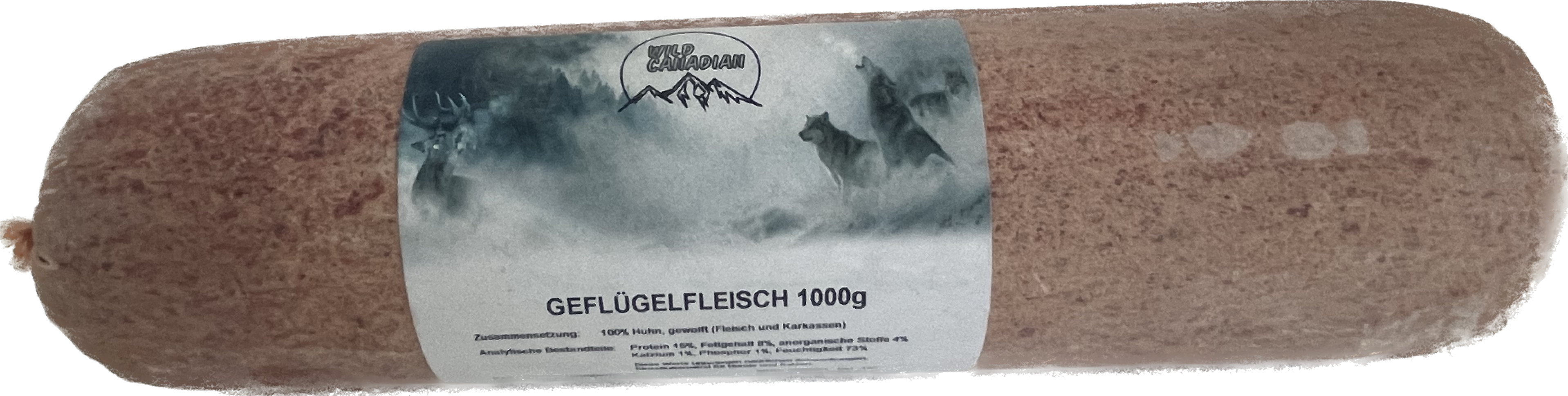 Eine Frostfleischrolle mit dem Etikett „Geflügelfleisch“. Verpackt in einem nicht essbaren Kunstdarm. Die Füllung ist fein gewolft und zeigt eine hellbräunliche, homogene Struktur.