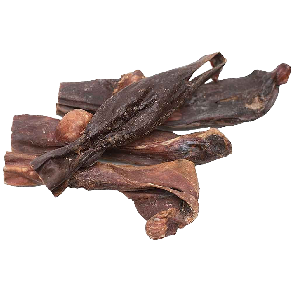 Mehrere unregelmäßig geformte, dunkelbraune Fleischstücke mit teils gekräuselter Oberfläche. Die Happen sind kompakt, teils mit dicken Enden oder kleinen Knorpelkugeln.