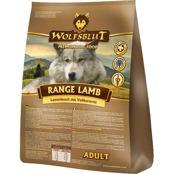 Verpackung mit Hundesnacks, illustriert mit einem Wolfskopf. Die Tüte ist überwiegend beige und braun, gestaltet für große Hunderassen