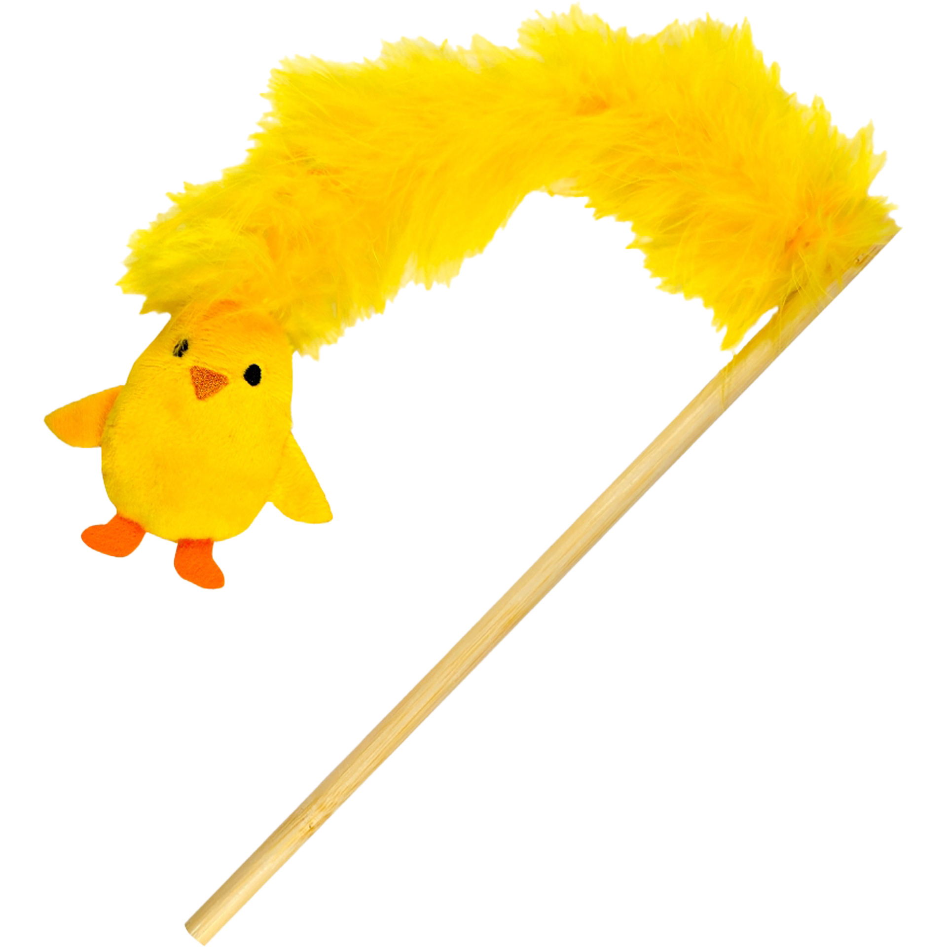 Eine Katzenangel mit hellem Holzstab, daran befestigt ein gelbes Plüschküken mit orangem Schnabel und Füßen sowie eine lange, flauschige gelbe Federboa.