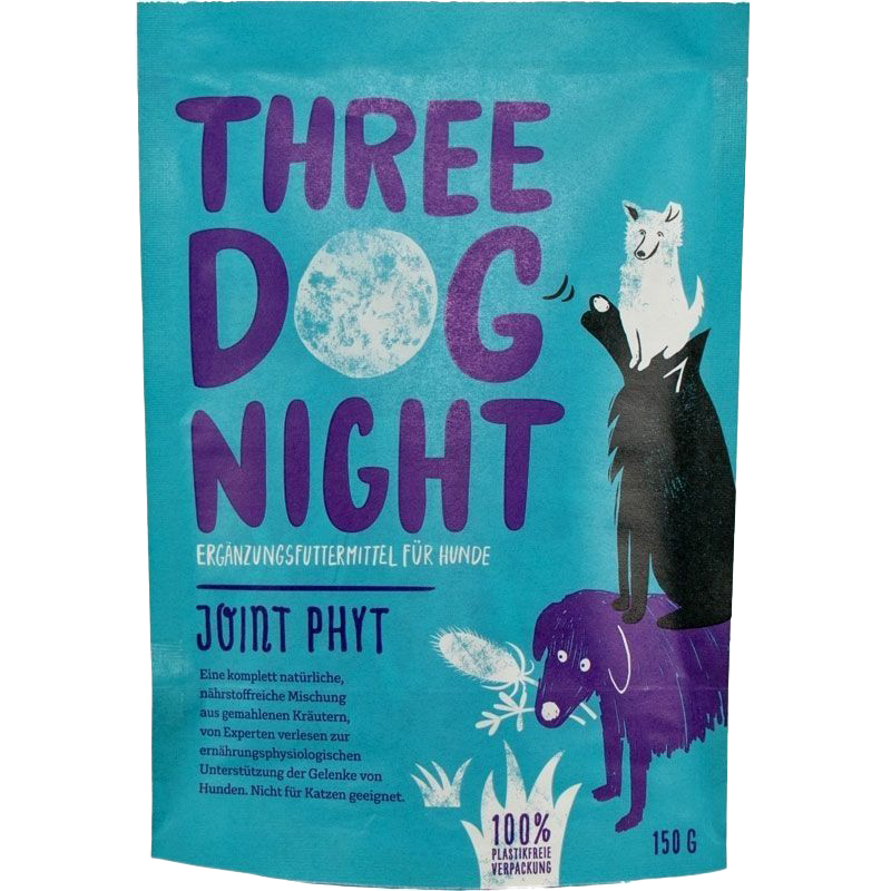 Türkisfarbene Verpackung von Three Dog Night Joint Phyt, Ergänzungsfutter für Hunde mit lila Schrift, drei Hundeillustrationen und 100 % plastikfreiem Hinweis.