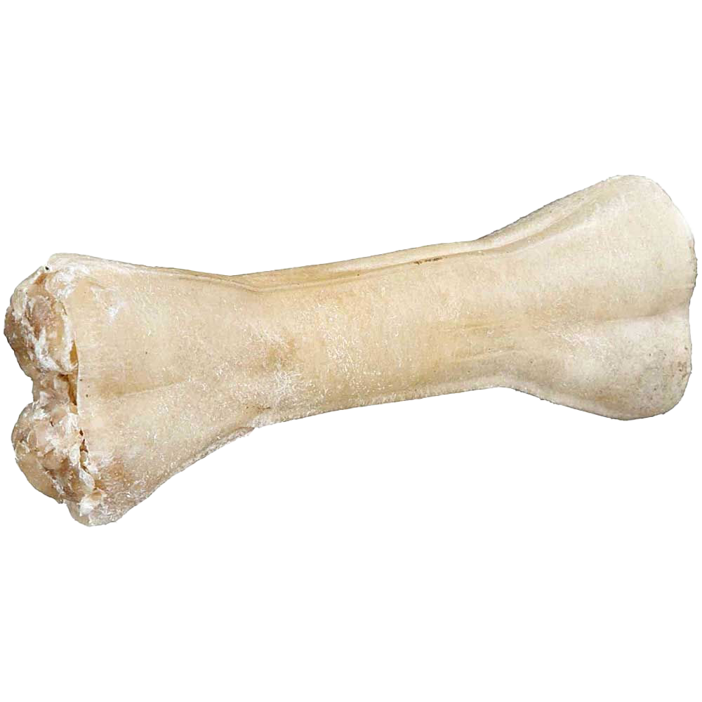 Beigefarbener Kauknochen mit glatter, leicht glänzender Oberfläche und symmetrischer Form; an beiden Enden verdickt, mittig schmaler.