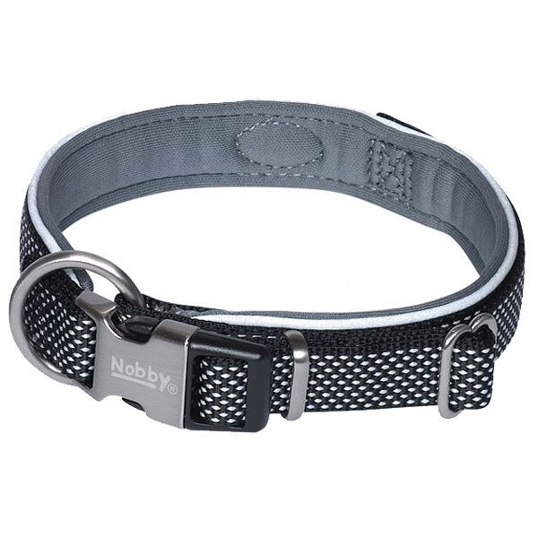 Schwarzes Hundehalsband mit gewebter Struktur, silberner Metallschnalle, silber -chwarzem Clipverschluss und gepolsterter Innenseite; Metallring zur Leinenbefestigung sichtbar.Halsband Classic Preno Royal