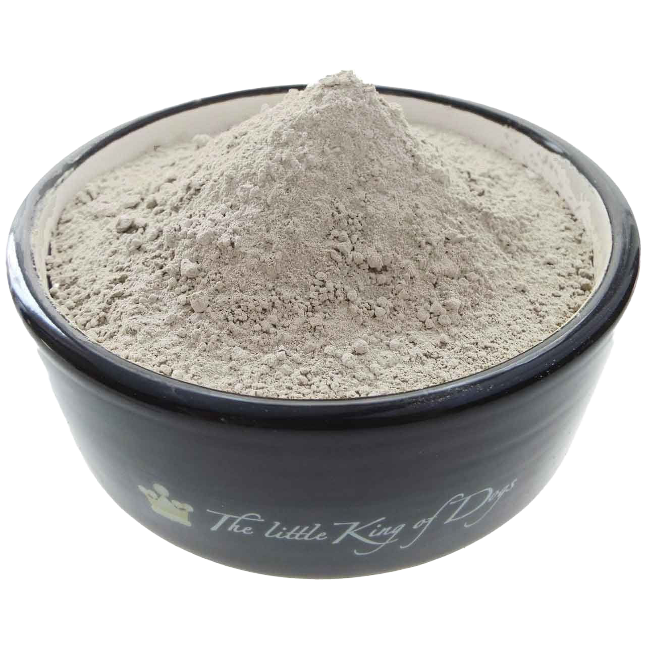 Ein hellgraues Pulver mit feinkörniger Struktur, zu einem Kegel aufgeschüttet in einem dunkelblauen Keramiknapf mit weißer Innenwand.