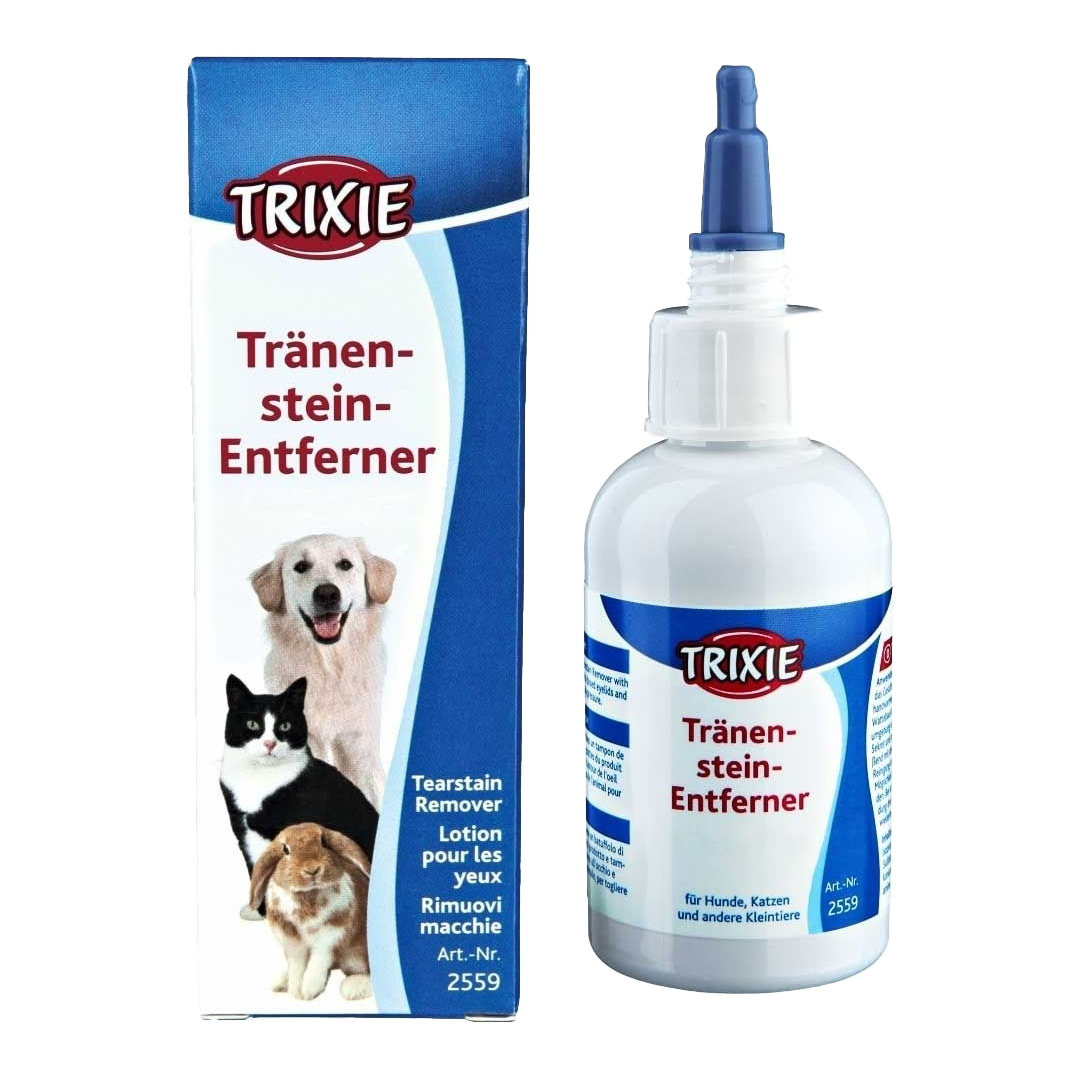 Weiße Flasche mit blauem Etikett, darauf Fotos von Hund, Katze und Kaninchen sowie farbige Textblöcke und klare grafische Gestaltung.