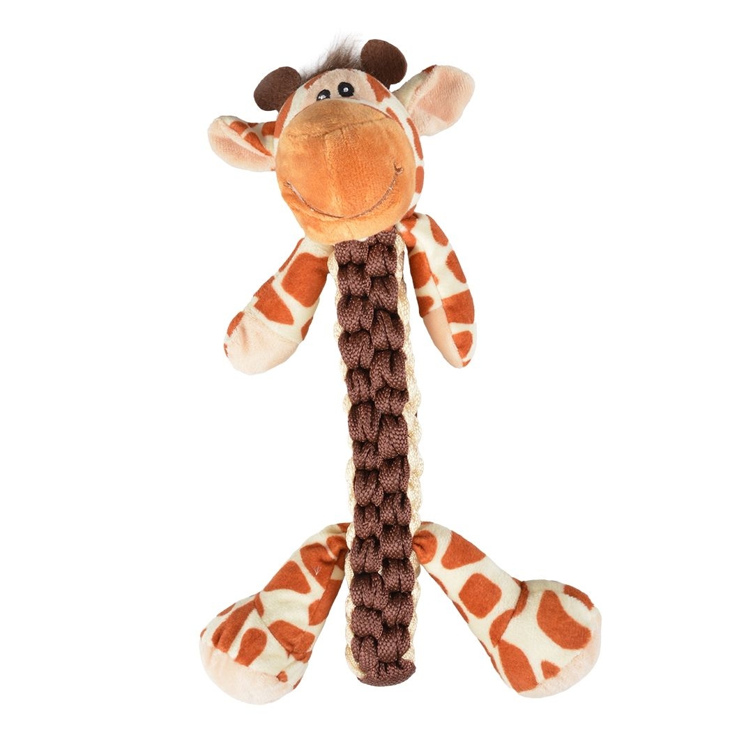  Hundespielzeug in Giraffenform mit Plüschkopf, Armen und Beinen im Giraffenmuster sowie geflochtenem Seilkörper in Braun-Beige.
