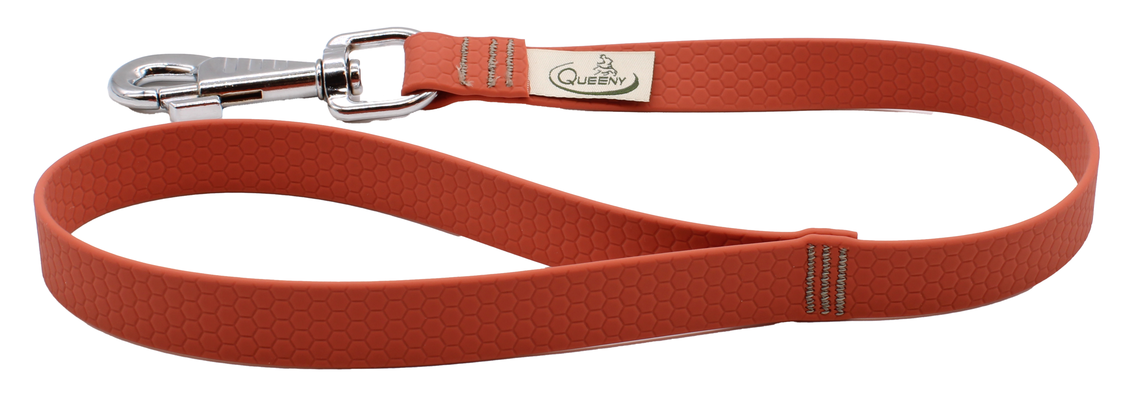 Hundeleine in Aprikosenbrandy Farbe mit strukturierter Oberfläche, Metallkarabiner am Ende und kleinem Label nahe dem Verschluss.