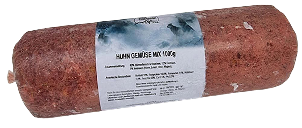 Eine Frostfleischrolle mit weiß-blauem Etikett und der Aufschrift „Huhn Gemüse Mix“. Verpackt in einem nicht essbaren Kunstdarm. Die Füllung ist rotbraun mit weißen Einschlüssen.