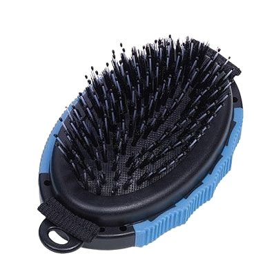 Ovalförmige Haarbürste in Schwarz und Blau mit vielen Borsten, strukturiertem Griff und schwarzer Schlaufe am Ende.