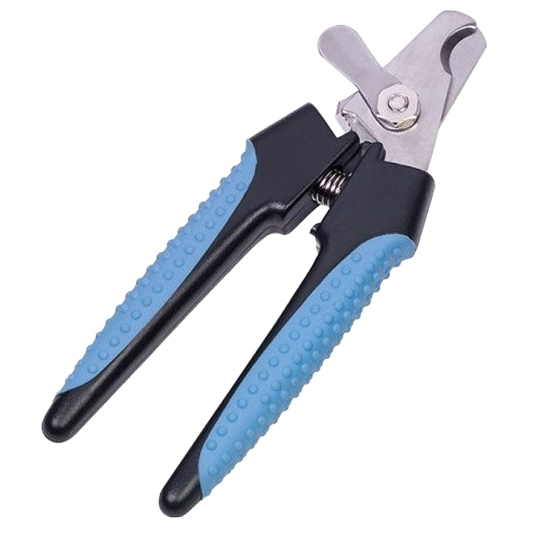 Krallenschere mit schwarzen Griffen und blauen, strukturierten Gummieinsätzen; Metallklingen mit sichtbarer Federverbindung.