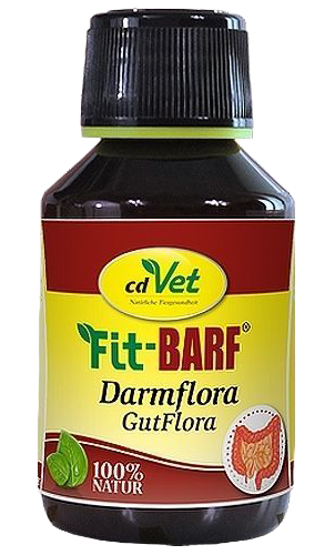 cdVet Fit-Barf Darmflora Braune Flasche mit weißem Sprühkopf. Etikett „VeaVet WundEx Spray“ in Grün und Weiß mit Text: „WoundEx Spray“, „aVet“, „Natürliche Tiergesundheit“.