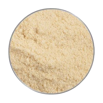 Ein hellbeiges, feinkörniges Pulver mit leichter Struktur, gleichmäßig verteilt in einer runden, flachen Schale mit silbernem Rand.