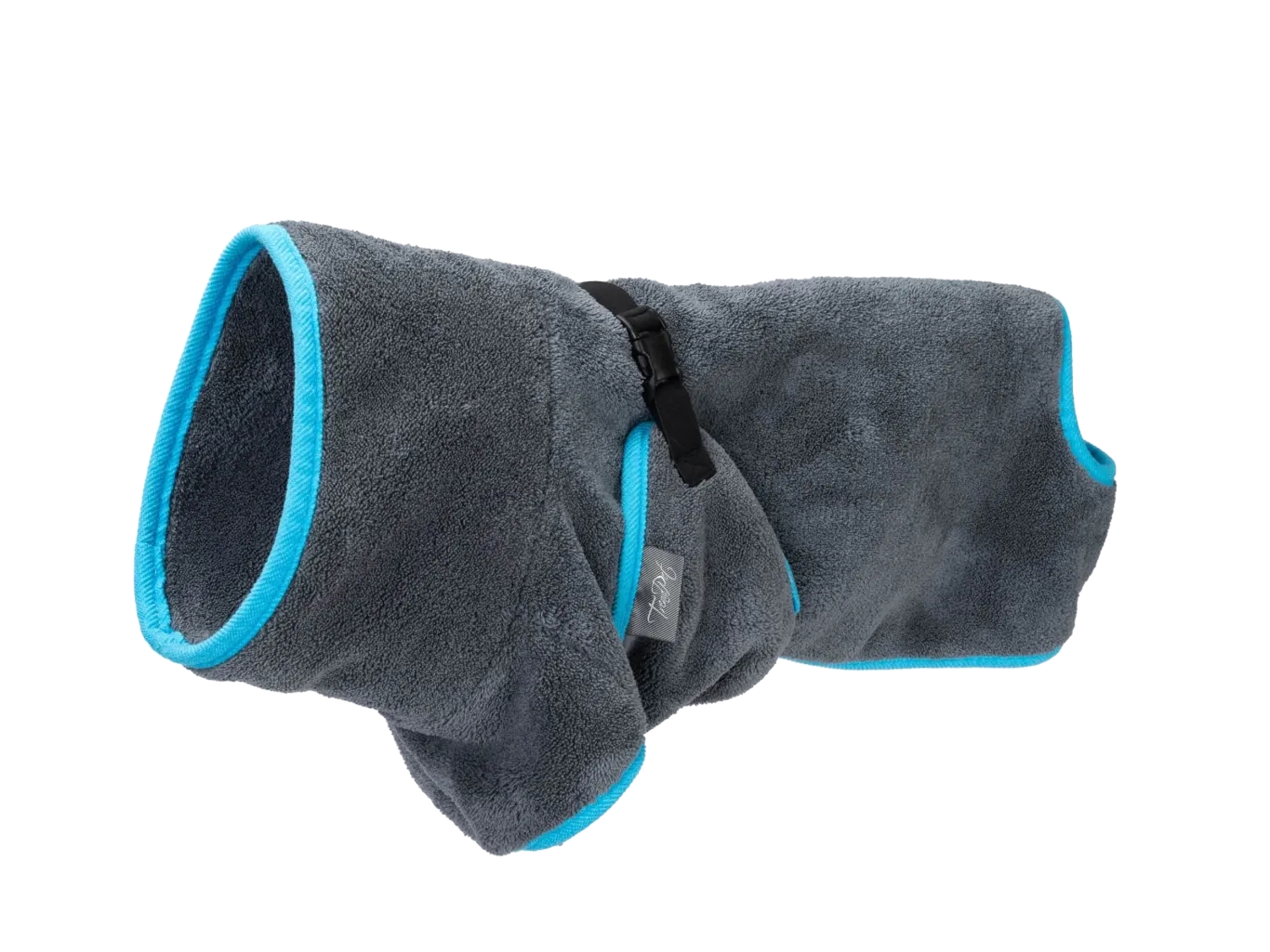 Ein dunkelgGrauer Hundebademantel mit hellblauen Rändern, flauschiger Textur und schwarzem Verschlussband zur Befestigung am Körper.rauer Hundebademantel aus weichem Frottee mit leuchtend blauer Umrandung. Mit Klickverschluss und Brustlasche zur sicheren 