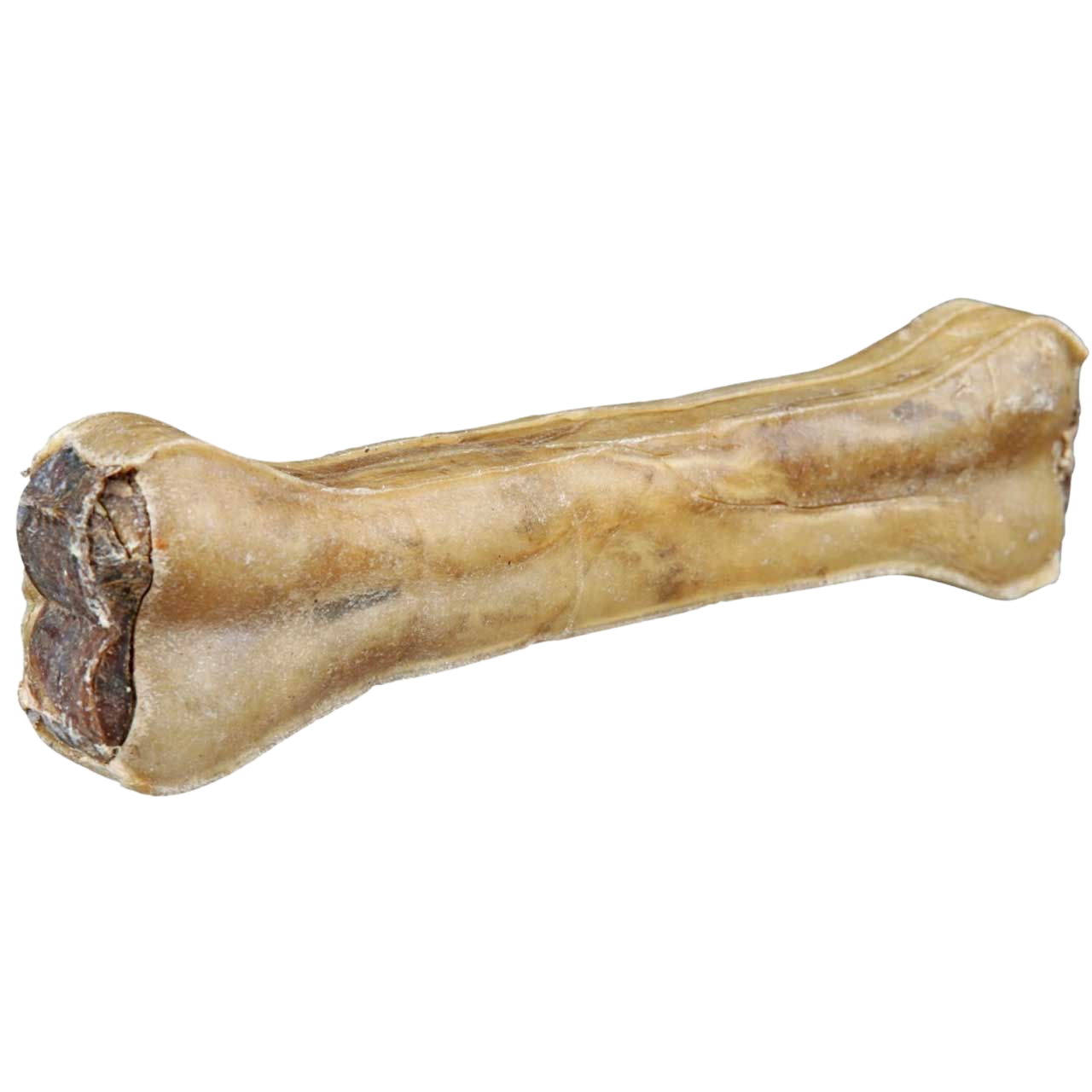 Großer, hellbrauner Kauknochen mit glatter Oberfläche. Ein Ende ist sichtbar angekaut, die Form ist klassisch länglich.