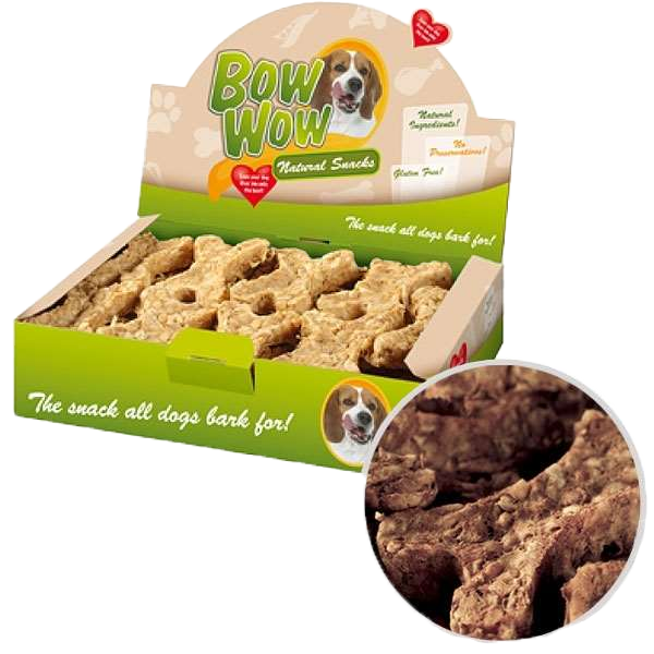 Grüne Box mit „Bow Wow Natural Snacks“, Knochen-förmige Hundesnacks, Aufdruck: „Natural Ingredients“, „Gluten Free“, „No Preservatives“.