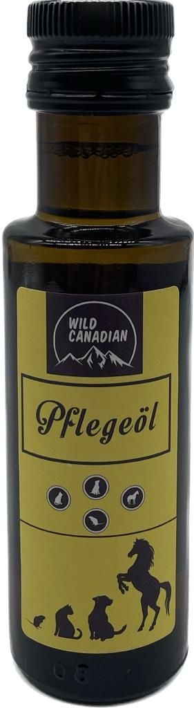 Eine braune Glasflasche mit schwarzem Schraubverschluss und gelbem Etikett der Marke „Wild Canadian“. Darauf steht „Pflegeöl“. Abgebildet sind Silhouetten von Hund, Katze, Pferd, Nager und Vogel