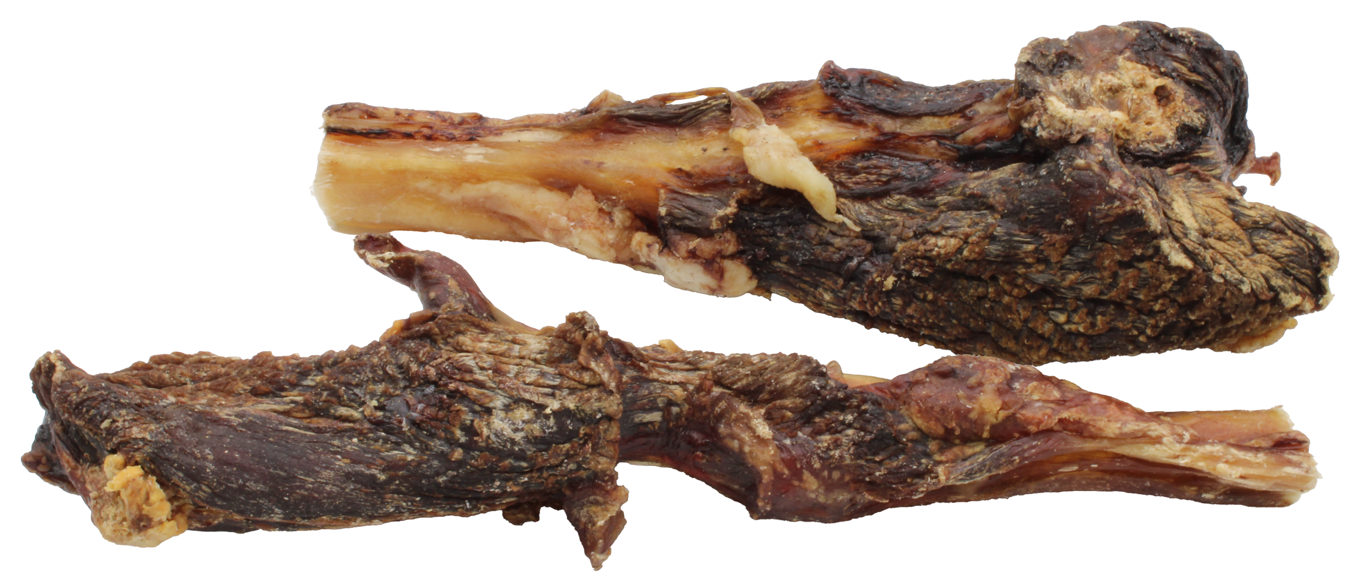 Zwei Stücke getrocknetes Fleisch mit rauer, faseriger Oberfläche, unregelmäßiger Form und braunen Farbtönen mit helleren Fettanteilen.