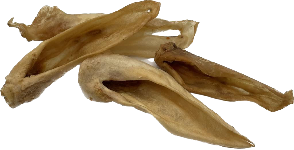 Vier beige bis hellbraune getrocknete Lammohren mit glatter Oberfläche, leicht gebogen und hohl geformt, naturbelassen und unregelmäßig strukturiert.