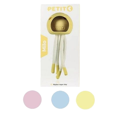 Verpackung mit gelbem Hundespielzeug: Ball mit vier weißen Nylonseilen, auf weiß-gelbem Hintergrund mit Markenaufdruck.