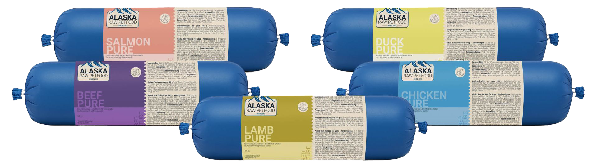 Mehrere blaue Frostfleischrollen mit farbigen Etiketten für Salmon Pure, Duck Pure, Beef Pure, Lamb Pure und Chicken Pure; jeweils im blauen Kunstdarm mit beigem Infotext.