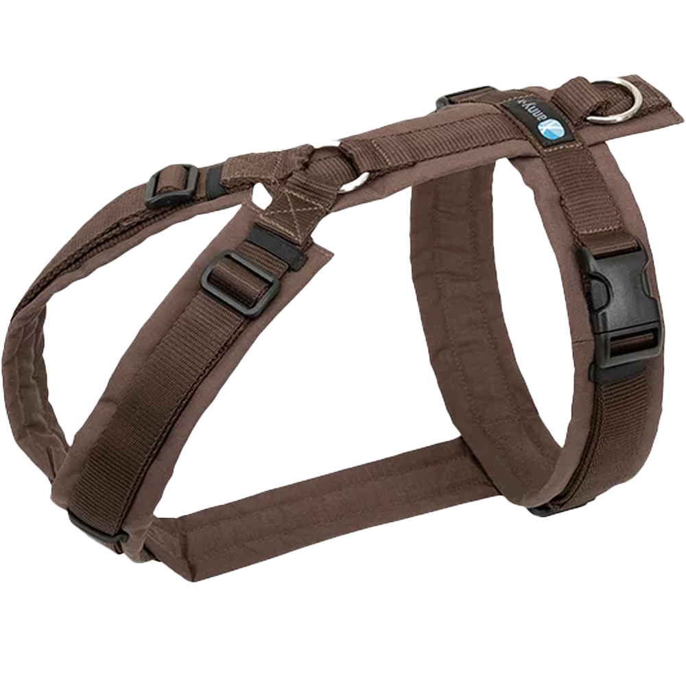 Braunes Hundegeschirr mit mehreren verstellbaren Riemen, Kunststoffschnallen und einem glänzenden Metallring. Die Oberfläche wirkt glatt und robust.