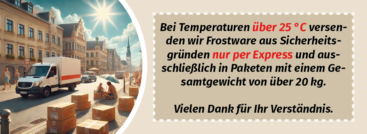 Rechteckiges Banner mit sommerlicher Stadtansicht und Lieferwagen links, rechts Textfeld mit Hinweis, dass Frostware über 25 °C nur per Express und über 20 kg versendet wird.