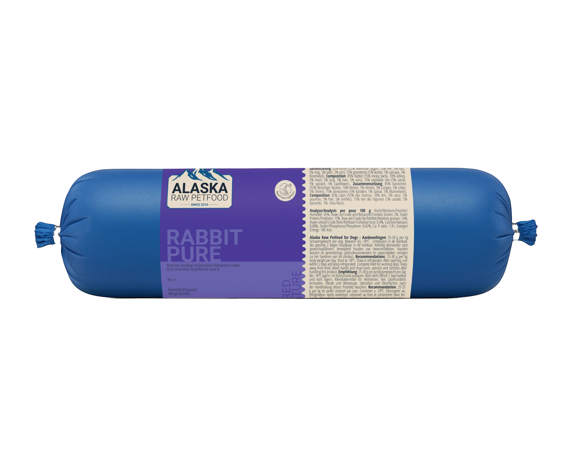 Eine blaue Frostfleischrolle mit violettem Etikett ‚Rabbit Pure‘, verpackt in nicht essbarem Kunstdarm; rechts befindet sich ein beiges Informationsetikett mit Text.