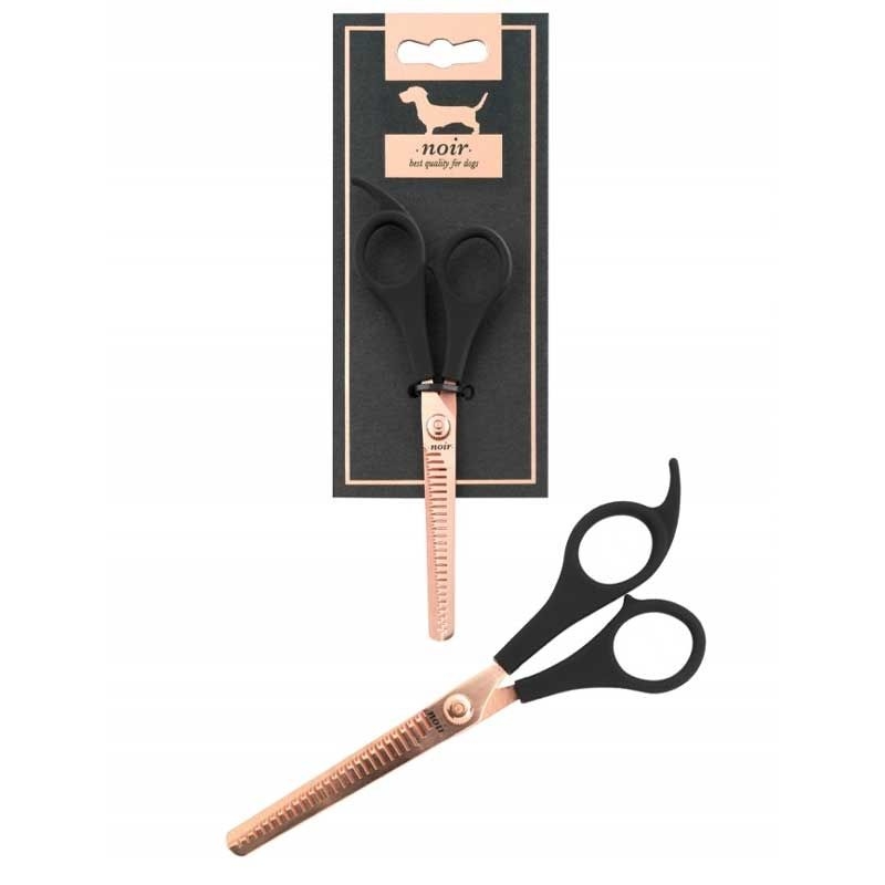 Hundeschere mit schwarzem Griff und gezackter Metallklinge. Die Schere ist in einer Verpackung mit Hundesilhouette und schlichtem Design präsentiert.