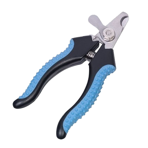 Krallenschere mit schwarzen Griffen und blauen, strukturierten Gummieinsätzen; Metallklingen mit sichtbarer Federverbindung.