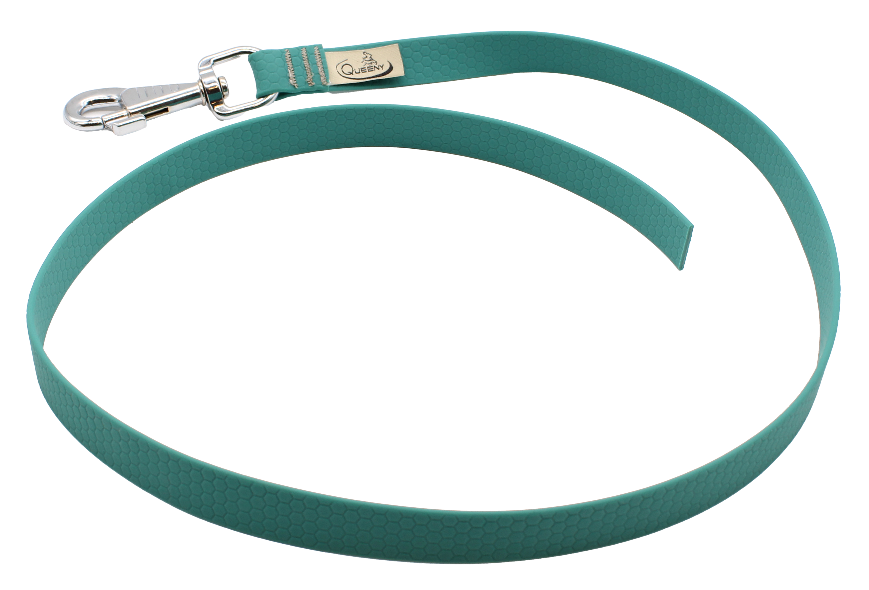 Hundeleine in jägergrüner Farbe mit strukturierter Oberfläche, Metallkarabiner am Ende und kleinem Label nahe dem Verschluss.