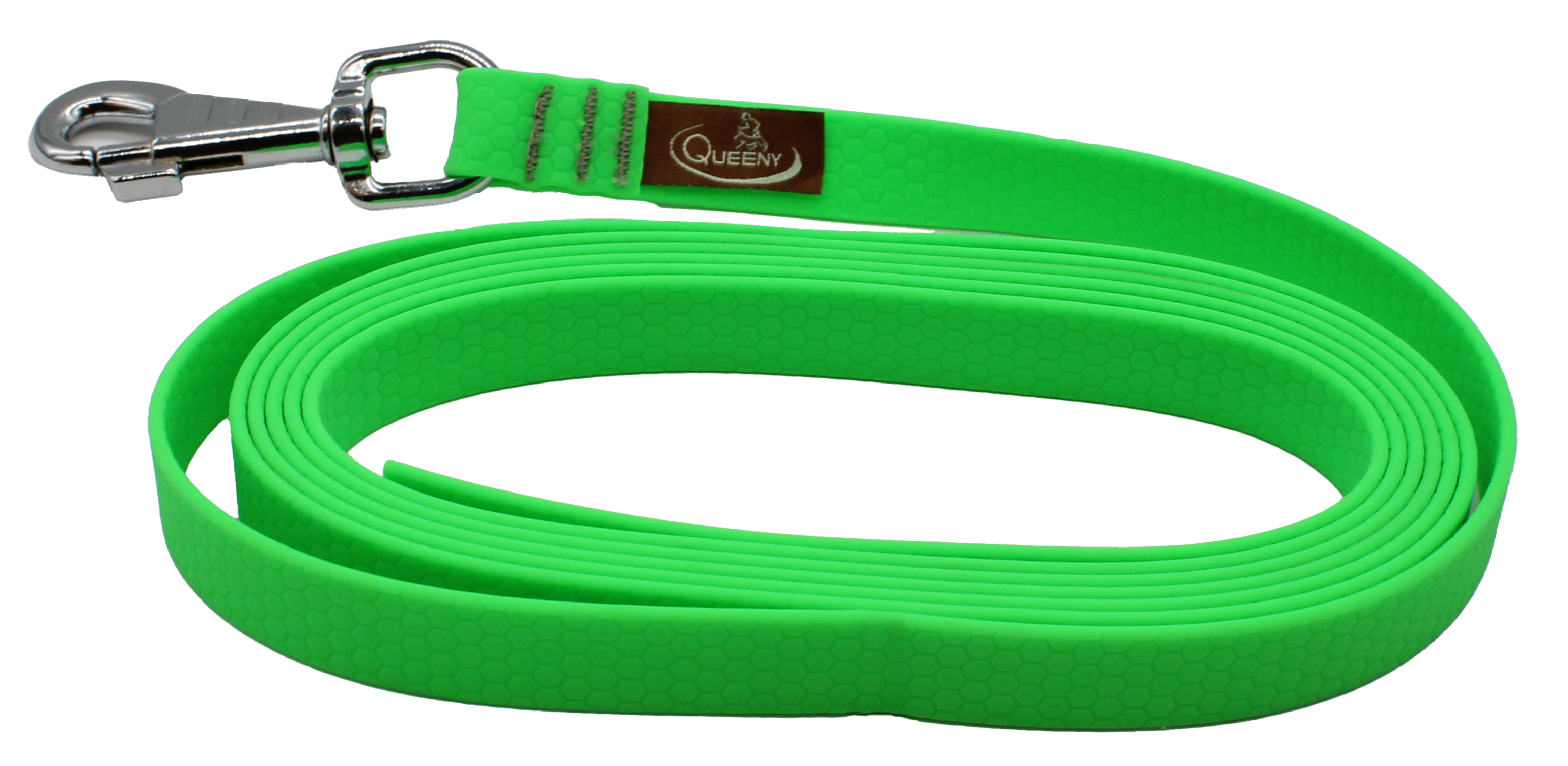 Hundeleine in Neongrün Farbe mit strukturierter Oberfläche, Metallkarabiner am Ende und kleinem Label nahe dem Verschluss.