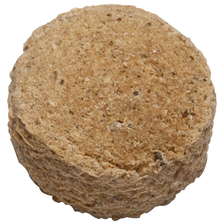 Ein einzelner, hellbrauner Hundekeks in runder, flacher Form mit leicht rauer, poröser Oberfläche.