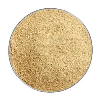 Rundes Fenster mit feinem, hellbraunem Pulver, gleichmäßig verteilt und mit leicht körniger Struktur auf hellem Hintergrund.