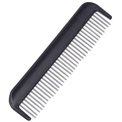 Schwarzer Kunststoffkamm mit feinen, gleichmäßig angeordneten Zinken und einem Griff an einem Ende.