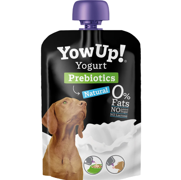 Joghurtbeutel für Hunde mit Bild eines Hundes, grün-blauen Akzenten und Symbolen zur Fütterung aus Beutel oder Napf.
