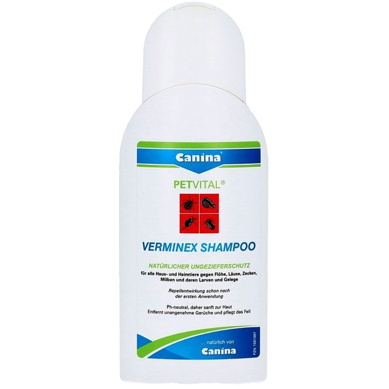 Flasche „Canina PETVITAL VERMINEX SHAMPOO“ mit Text zum natürlichen Schutz vor Ungeziefer bei Haustieren. Hinweise zu Wirkung, Hautverträglichkeit und Fellpflege.