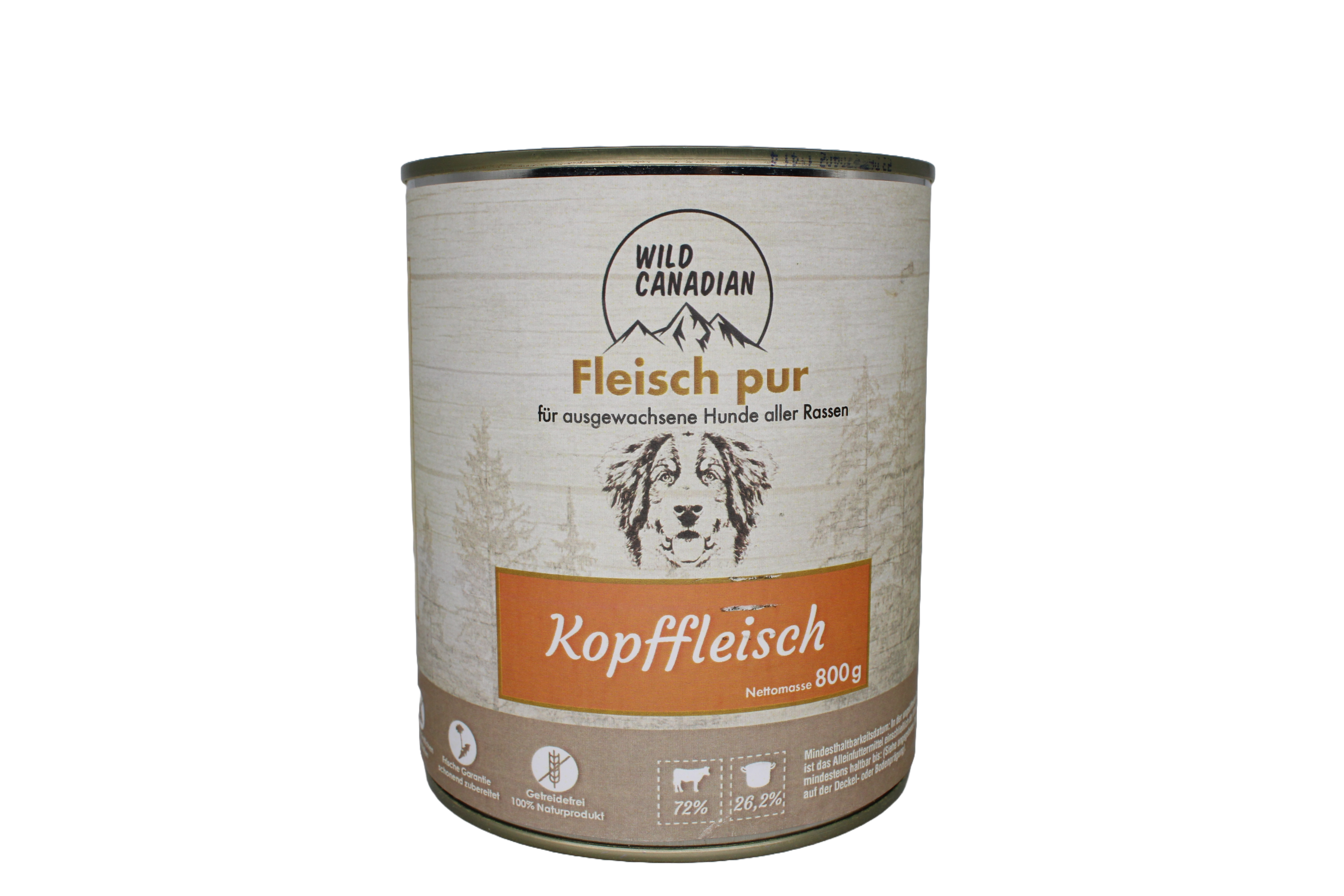 Eine zylindrische Futterdose mit beigem Etikett und der Aufschrift „Wild Canadian – Kopffleisch“. Unten sind Piktogramme sowie ein gezeichneter Hundekopf abgebildet.