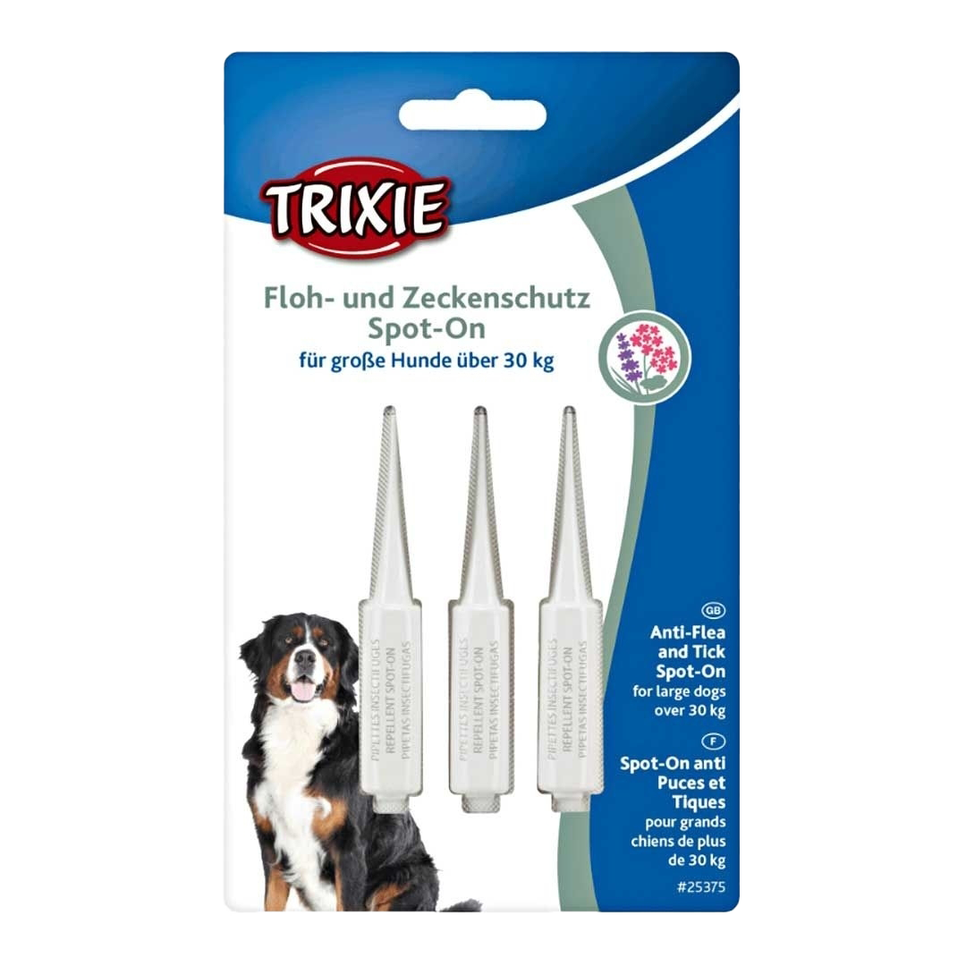 Verpackung mit Bild eines großen Hundes, drei Applikatoren sichtbar, Etikett in Blau- und Weißtönen mit mehrsprachiger Beschriftung.