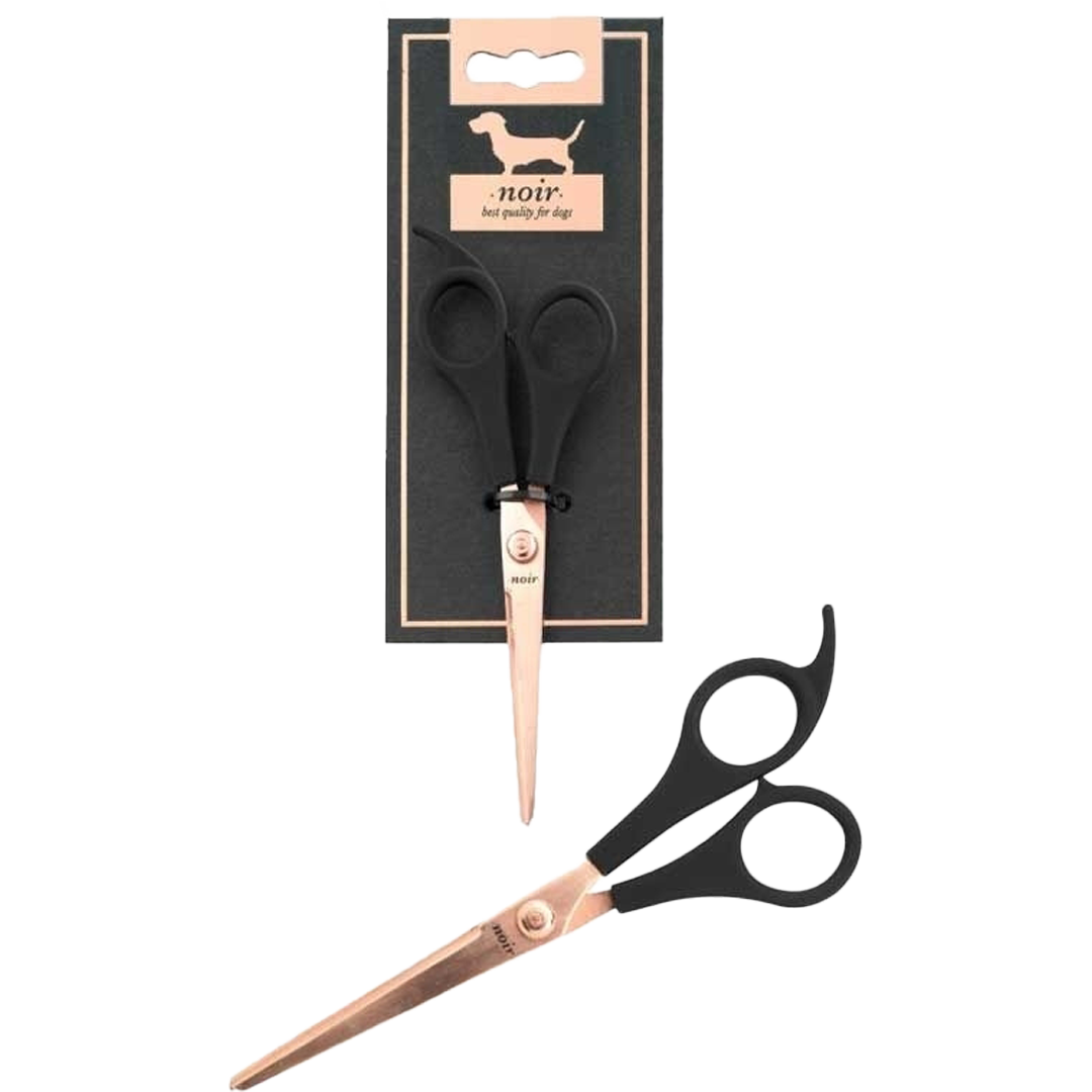 Hundeschere mit schwarzem Griff und gezackter Metallklinge. Die Schere ist in einer Verpackung mit Hundesilhouette und schlichtem Design präsentiert.