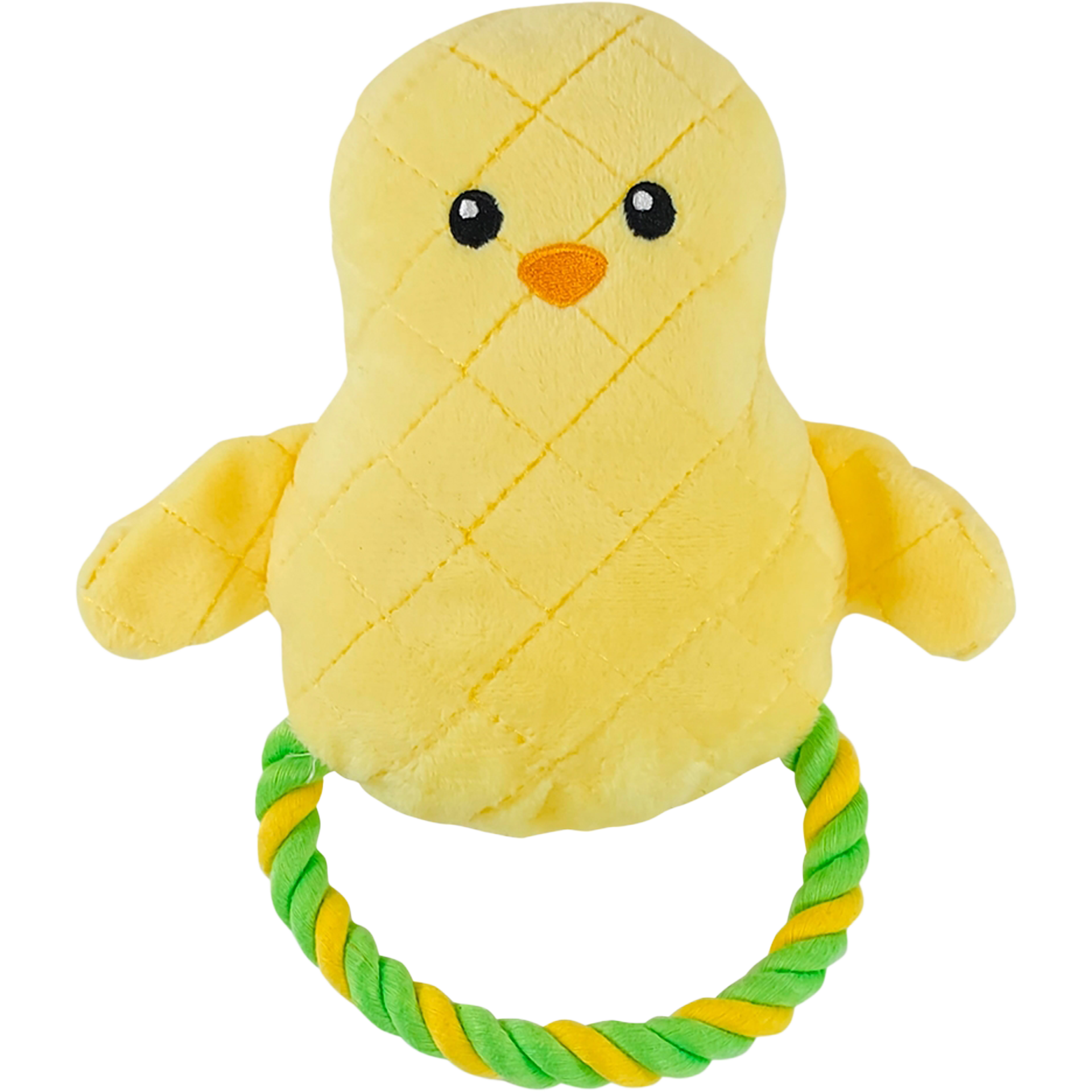 Ein gelbes, rautenförmig gestepptes Küken-Plüschspielzeug mit schwarzen Augen und orangem Schnabel. Unten befestigt ist ein grün-gelb gedrehter Baumwoll-Taugriff.