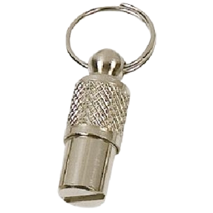 Zylindrischer Adressanhänger aus Metall mit Schraubverschluss und Ring zur Befestigung am Hundehalsband.