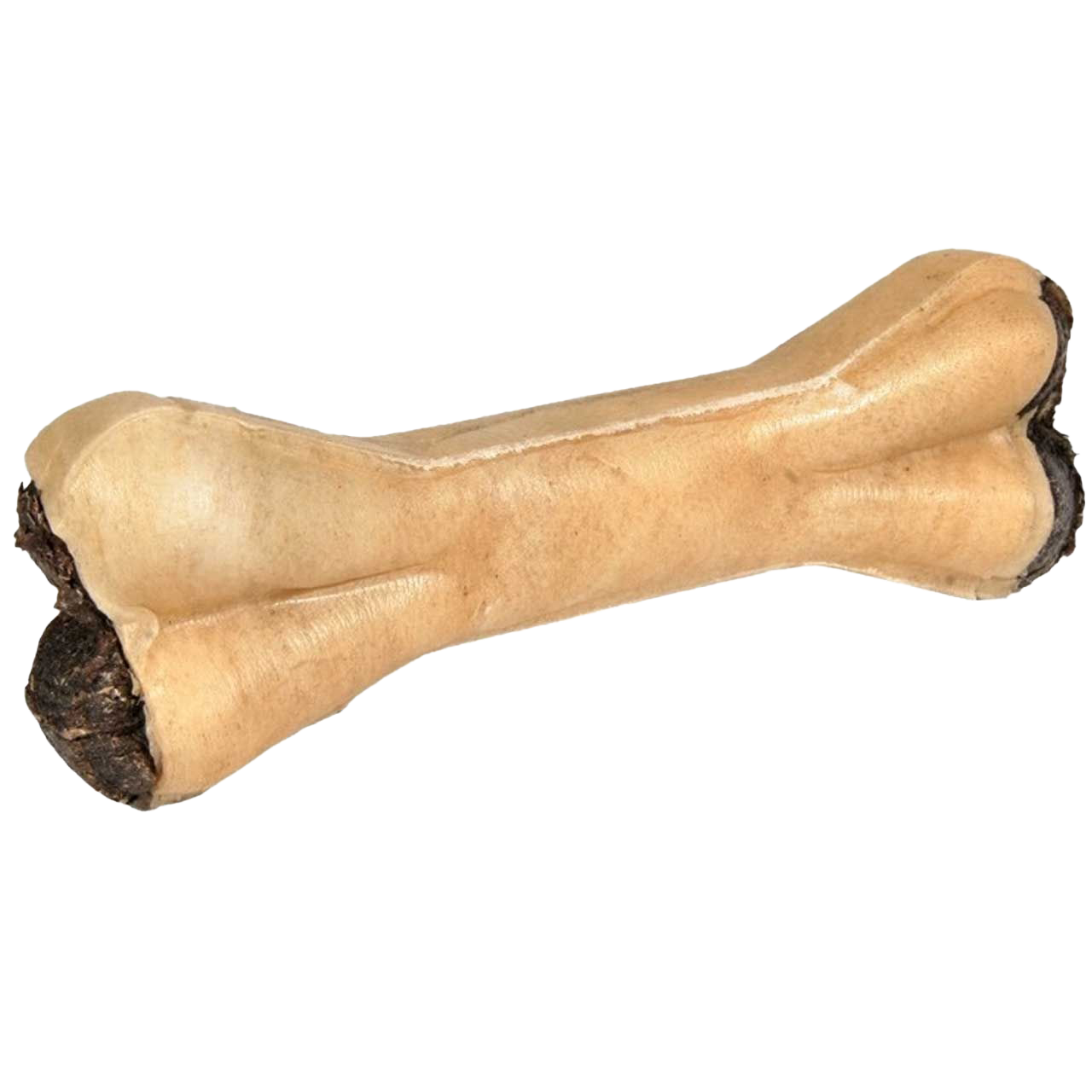 Großer, cremefarbener Kauknochen für Hunde mit glatter, leicht glänzender Oberfläche; beide Enden dunkelbraun gefärbt.