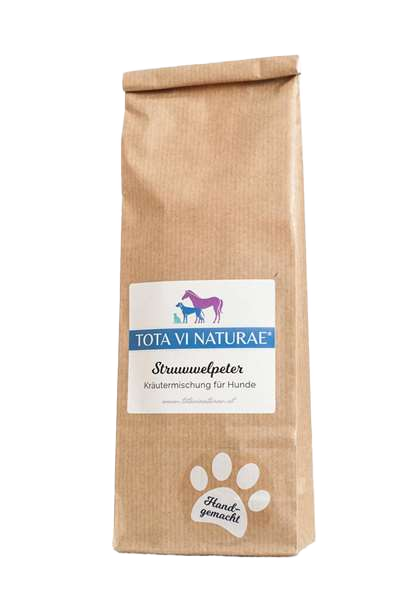 Braune Papiertüte mit Etikett, darauf Illustration eines lilafarbenen Pferdes, eines blauen Hundes und einer blauen Katze, unten weiße Pfote mit Schriftzug.