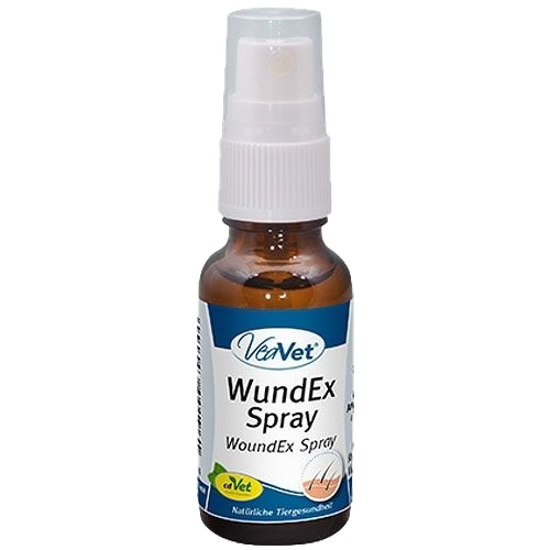 Braune Flasche mit weißem Sprühkopf. Etikett „VeaVet WundEx Spray“ in Grün und Weiß mit Text: „WoundEx Spray“, „aVet“, „Natürliche Tiergesundheit“.