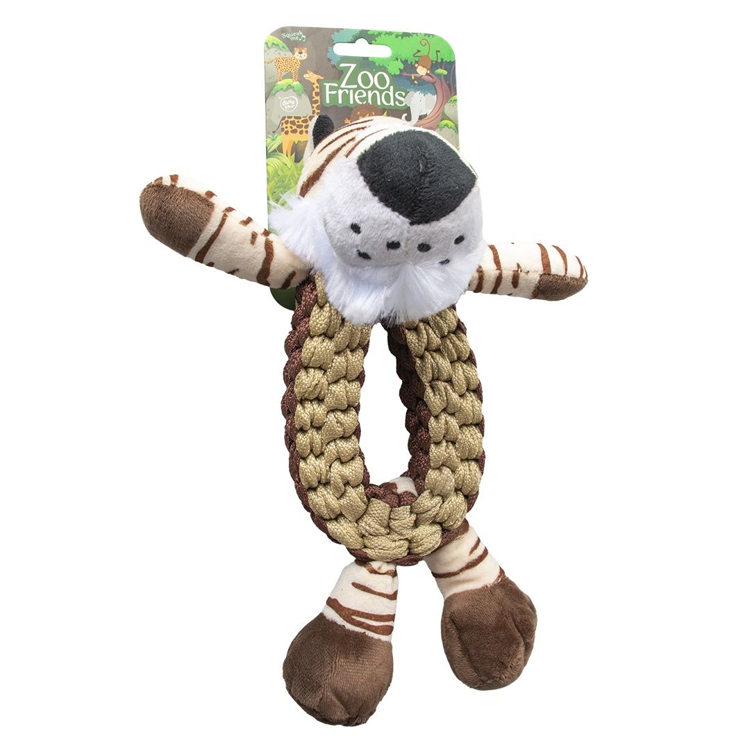  Hundespielzeug in Tigerform mit Plüschkopf, Armen und Beinen sowie geflochtenem Seilkörper in Braun-Beige.
