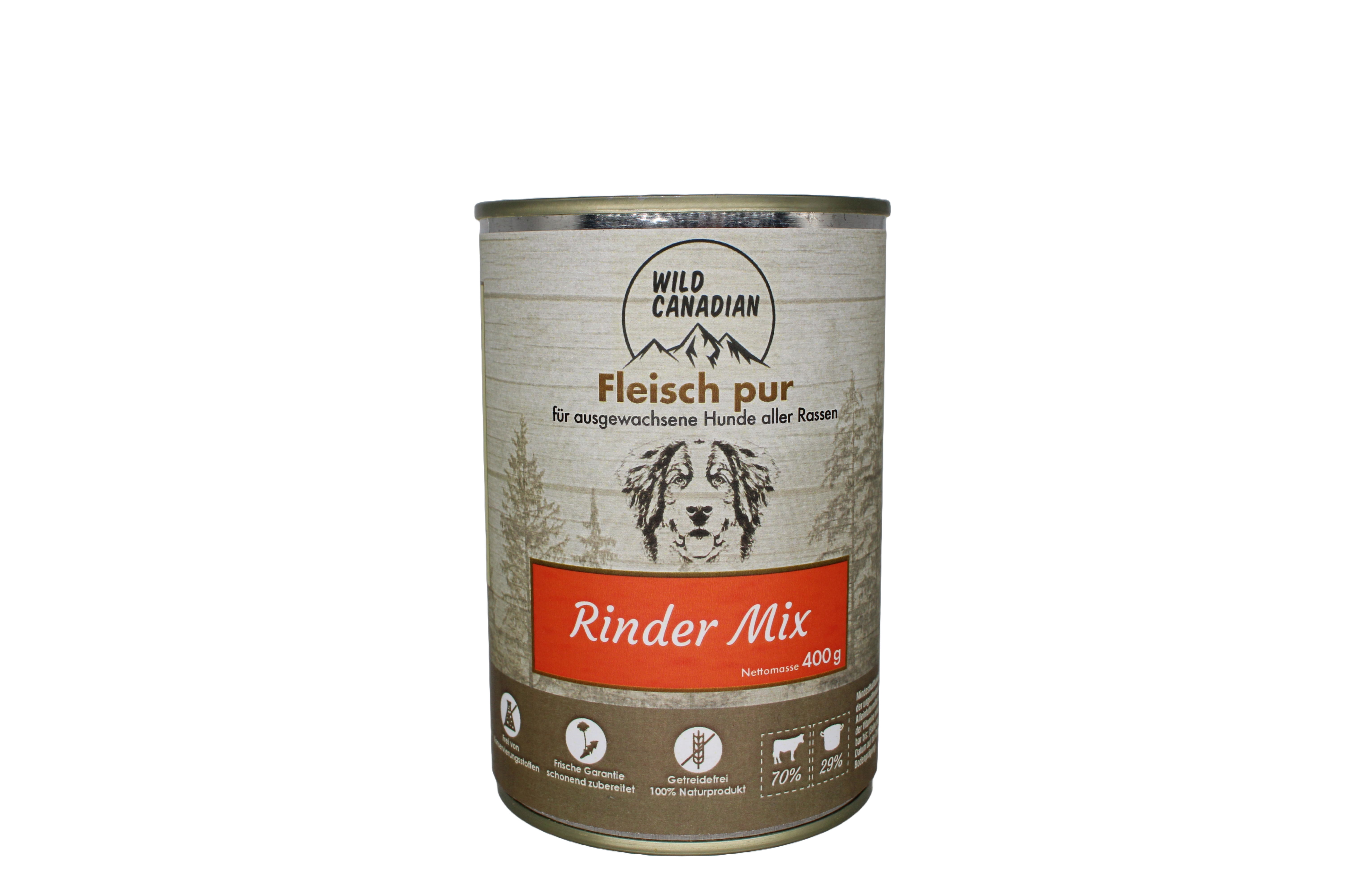 Eine zylindrische Futterdose mit beigem Etikett und der Aufschrift „Wild Canadian – Rinder Mix“. Unten sind ein roter Streifen, Piktogramme und ein Hundekopf zu sehen.